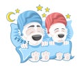 Family of dogs, man and woman sleeping in the bed clothed in nightcaps in cartoon style on white