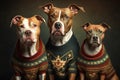 A family of dogs posing for a holiday photo all wearing the same holiday dog sweater. Generative AI