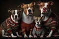 A family of dogs posing for a holiday photo all wearing the same holiday dog sweater. Generative AI