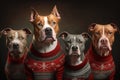 A family of dogs posing for a holiday photo all wearing the same holiday dog sweater. Generative AI