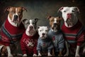 A family of dogs posing for a holiday photo all wearing the same holiday dog sweater. Generative AI