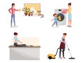 Family doing housework flat illustrations set. Man using vacuum cleaner, mom and son loading washing machine, woman