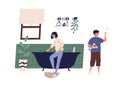 Family doing housework together. Scene of daily routine and cleanup. Couple cleaning bathroom. Flat vector cartoon