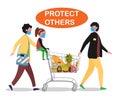 Family doing shopping in Supermarket with shopping cart. Father, mother and child. Everybody in medical protective masks Royalty Free Stock Photo