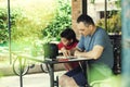 The family draws on the terrace in the summer