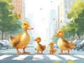 A Family of Ducks Crossing a Busy Street AI Generated Royalty Free Stock Photo
