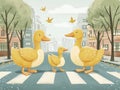 A Family of Ducks Crossing a Busy Street AI Generated Royalty Free Stock Photo