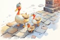 a family of ducks crossing a cobblestone street Royalty Free Stock Photo