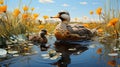 A family of ducks swimming in a calm pond 3D tile art