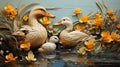 A family of ducks swimming in a calm pond 3D tile art