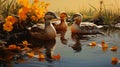 A family of ducks swimming in a calm pond 3D tile art