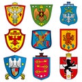 Family dynasty medieval royal coat of arms on shield vector set Royalty Free Stock Photo