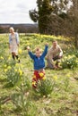 Family On Easter Egg Hunt In Daffodil Field Royalty Free Stock Photo