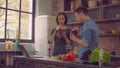 Family eat fast food in loft room. Royalty Free Stock Photo