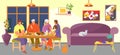 Family eat meal at home, vector illustration. Happy dinner with people, mother, father, daughter, grandparents sitting
