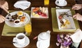 Family eating breakfast at a hotel Royalty Free Stock Photo