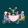 Family eating dinner at home, happy people eat food together, girl treat grandfather sitting by dining table Royalty Free Stock Photo