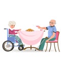 Family eating dinner at home, happy people eat food together, mom and dad sitting by dining table, old disabled