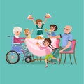 Family eating dinner at home, happy people eat food together, mom and dad treat grandfather sitting by dining table Royalty Free Stock Photo