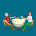 Family eating dinner at home, happy people eat food together, son and dad treat grandfather sitting by dining table Royalty Free Stock Photo