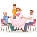 Family eating dinner home, happy people eat food together, son and dad treat grandfather sitting by dining table, sanior Royalty Free Stock Photo