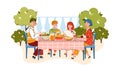 Family eating in garden or house backyard cartoon vector illustration isolated. Royalty Free Stock Photo