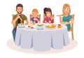 Family eating table. Happy people eat food dinner parents kids father mother daughter drink lunch talking illustration