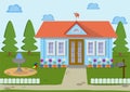 Family eco house on the nature with green lawn, trees fountain and flowers. Vector illustration. Royalty Free Stock Photo