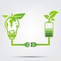 Family ecology concept in the world is in the energy saving light bulb green.Power plug leaves ecology battery green.vector Royalty Free Stock Photo