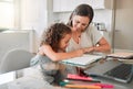 Family, education and distance learning mother helping her child student with her school work. Smiling mom working with Royalty Free Stock Photo