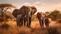 A family of elephants trekking across the vast savannah. AI Generative