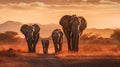 A family of elephants trekking across the vast savannah, AI Generative