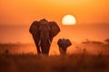 Family of elephants walking through the savana at sunset. Amazing African wildlife