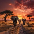 family of elephants walking at sunset Royalty Free Stock Photo