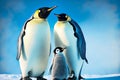 family emperor penguin with small cubs against blue sky