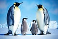 Family emperor penguin with small cubs against blue sky