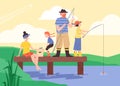 Family enjoy outdoor recreation and fishing on river, flat vector illustration.