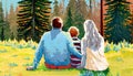 family enjoying countryside in fir forest sitting on grass back view