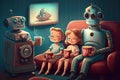 family enjoying movie night, with cute robot serving popcorn and drinks