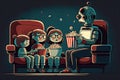 family enjoying movie night, with cute robot serving popcorn and drinks