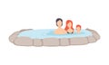 Family enjoying outdoor jacuzzi, mother, father, and child relaxing in hot water in bath tub vector Illustration on a Royalty Free Stock Photo