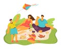 Family enjoying picnic green grass, children parents eating, flying kite. Young boy flies colorful Royalty Free Stock Photo