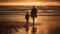 Family enjoying a sunset walk on the beach, holding hands generated by AI