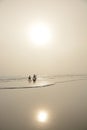 Family enjoying time together on beautiful foggy beach. Royalty Free Stock Photo