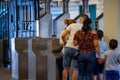 Family entering a New York subway station platform