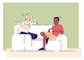 Family evening relax flat vector illustrations. Young wife talking with husband on sofa. Friends gossiping, drinking tea