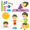Family, exercising at home, tools, vector illustration