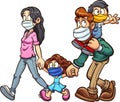 Family wearing face masks cartoon