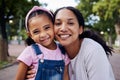 Family, face and mom with kid in park, portrait with hug and fun day outdoor, love and care in nature with happy people Royalty Free Stock Photo