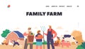 Family Farm Landing Page Template. Farmers Work On The Land, Raising Crops And Livestock, Cartoon Vector Illustration